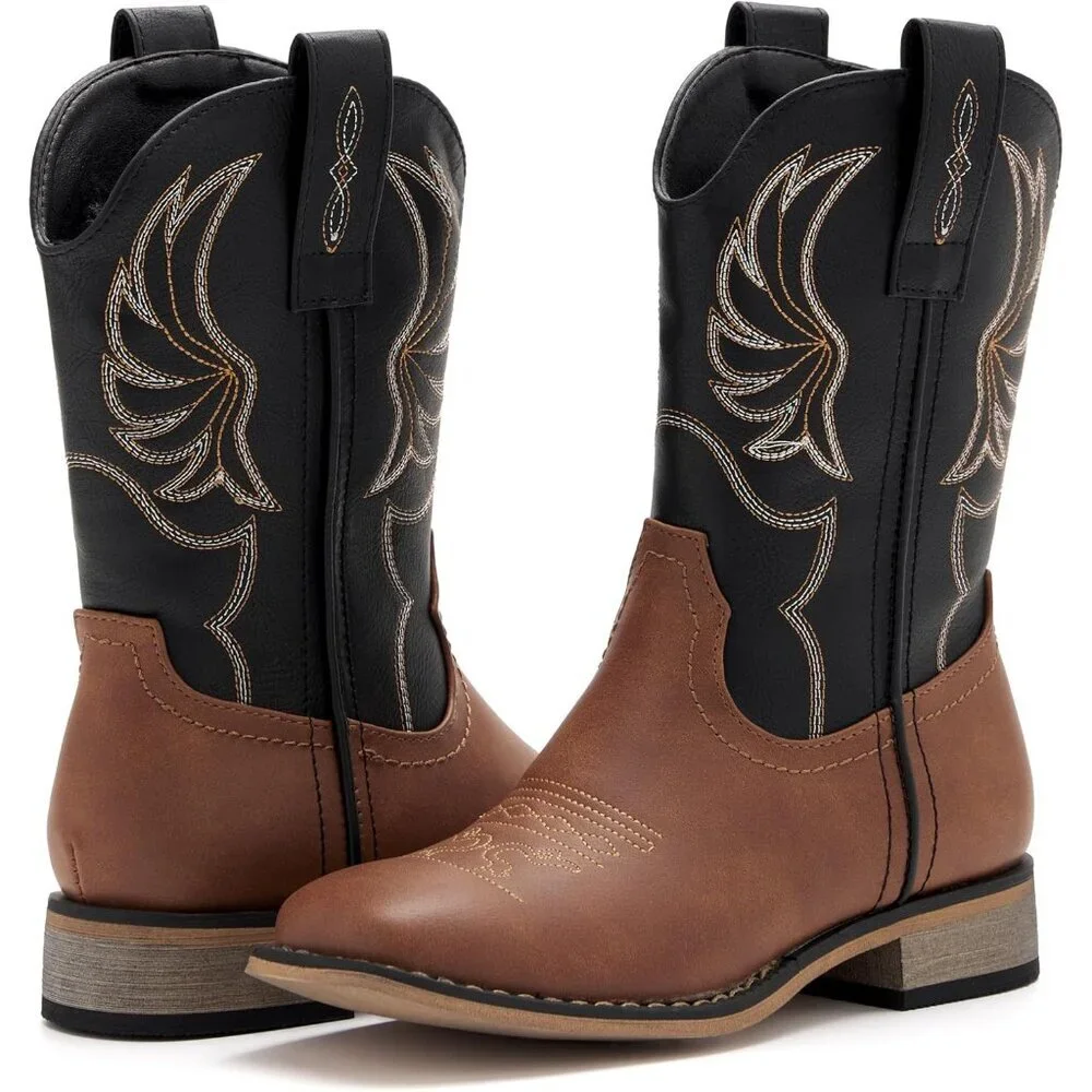 ⚡Girls Brown Black Embroidered Cowgirl Boots Western Square Toe Mid Calf